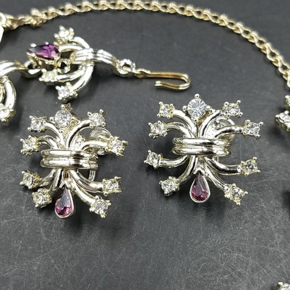 Rare Vintage Duane Purple Rhinestone Necklace Earring Set - Picture 9 of 14
